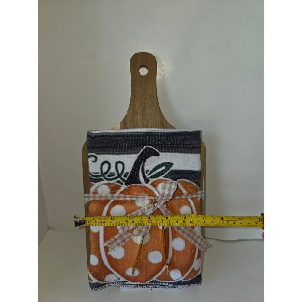 Fall Pumpkin Wood Cutting Board Tea Towel Gift Set Tongs 3pc